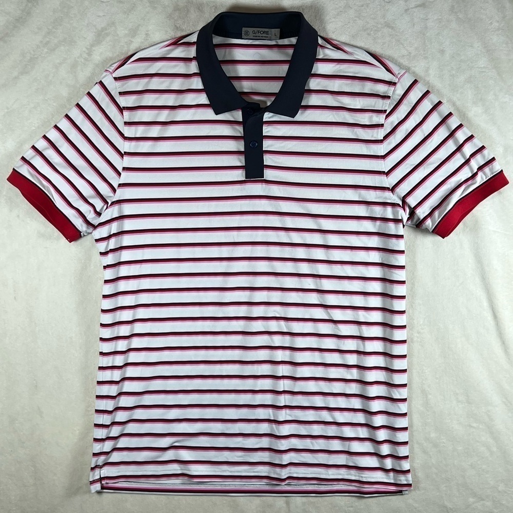G/FORE Size Large Red and White Striped Polo Shirt Classic Knit Golf EUC Logo